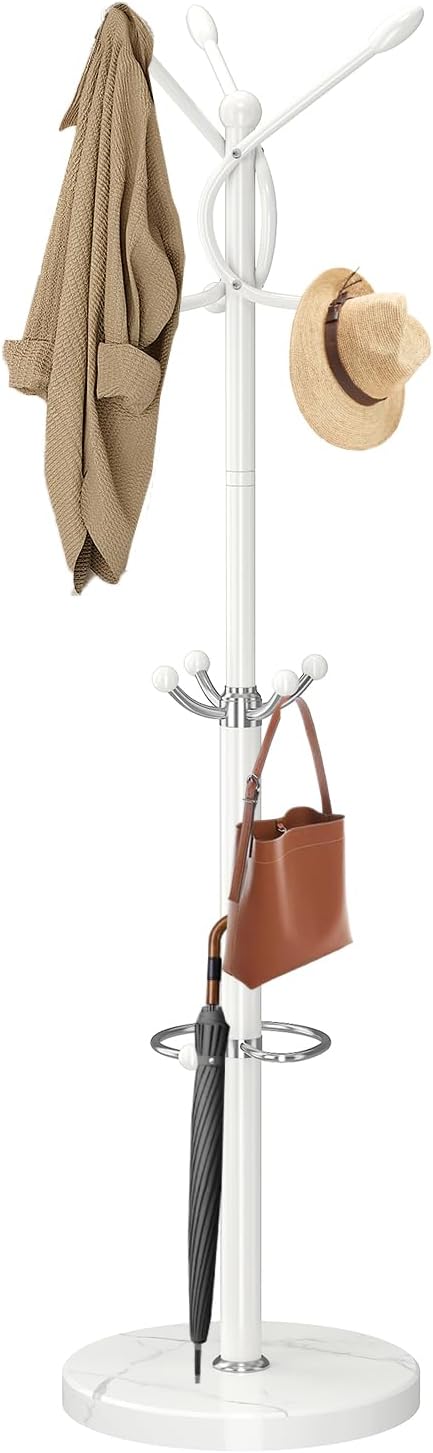 Metal Coat Rack with Natural Marble Base,360°Rotary Coat Rack Stand with 14 Hooks,Modern Freestanging Coat Racks,White Coat Jacket Hanger Clothes Tree Stand for Entryway,Corner