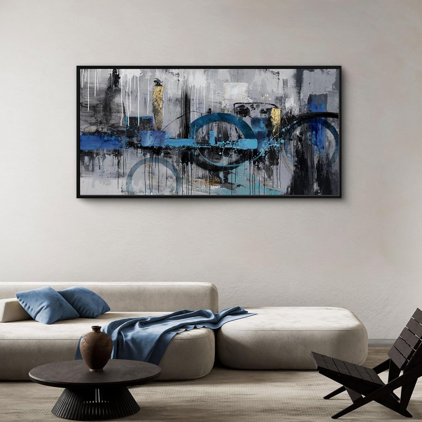 Large Wall Art for Living Room - Abstract Wall Decor Framed Picture Artwork for Wall Decorative Paintings Blue and White Modern Office Bedroom Art