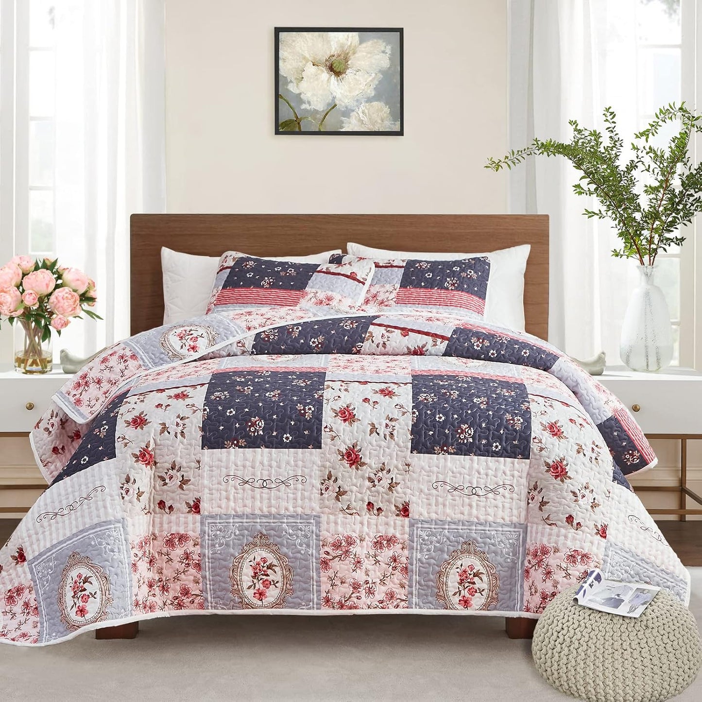 Quilt Set Full/Queen Size, 3 Pieces Green Floral Plaid Summer Bedspread Coverlet Set, Soft Microfiber Reversible Lightweight Bed Cover for All Season (90" x 90", 1 Quilt+ 2 Pillow Shams)