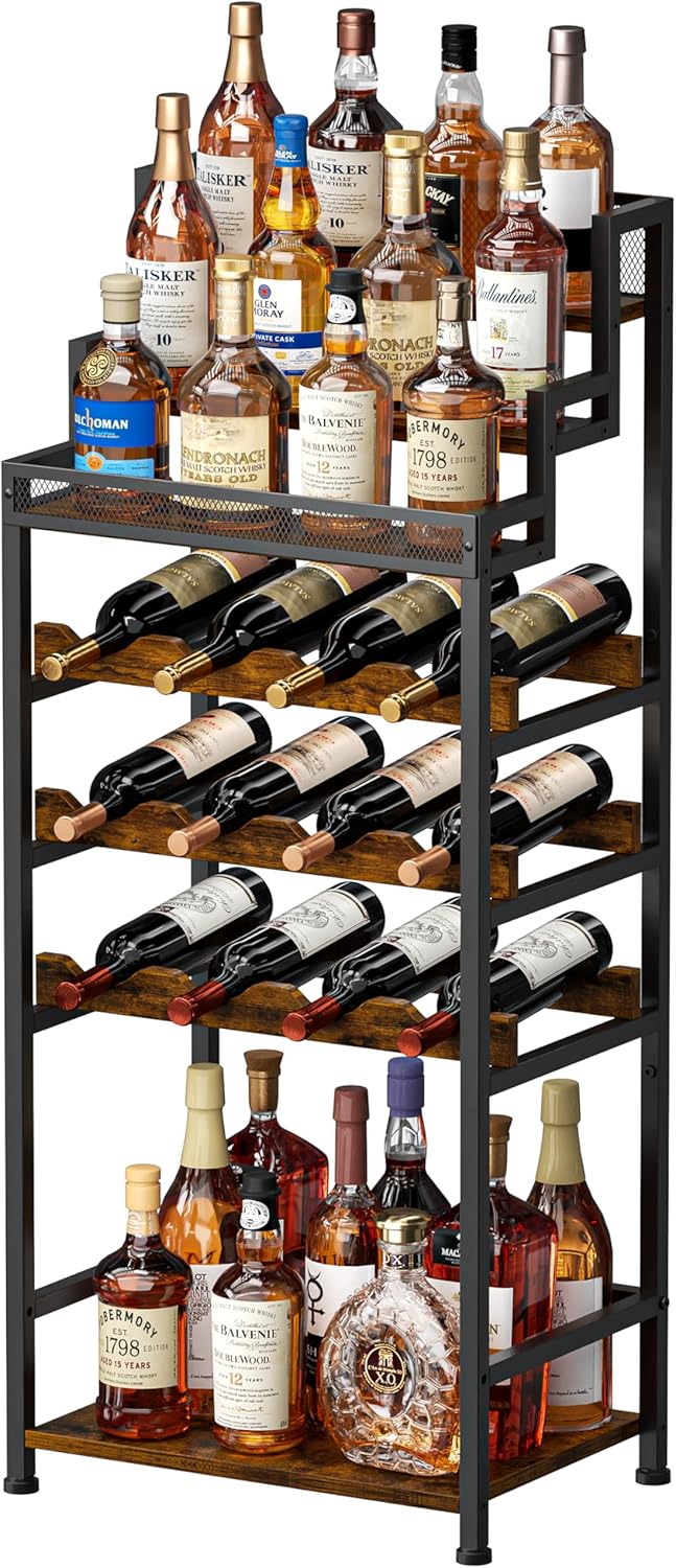 Tiered Wine Rack and Liquor Cabinet, Large Capacity Freestanding Floor Wine Storage Shelf for Red Wine, Champagne & Whiskey, Stepped Bottle Display Stand for Home Bar, Living Room, Corner, Dining Room