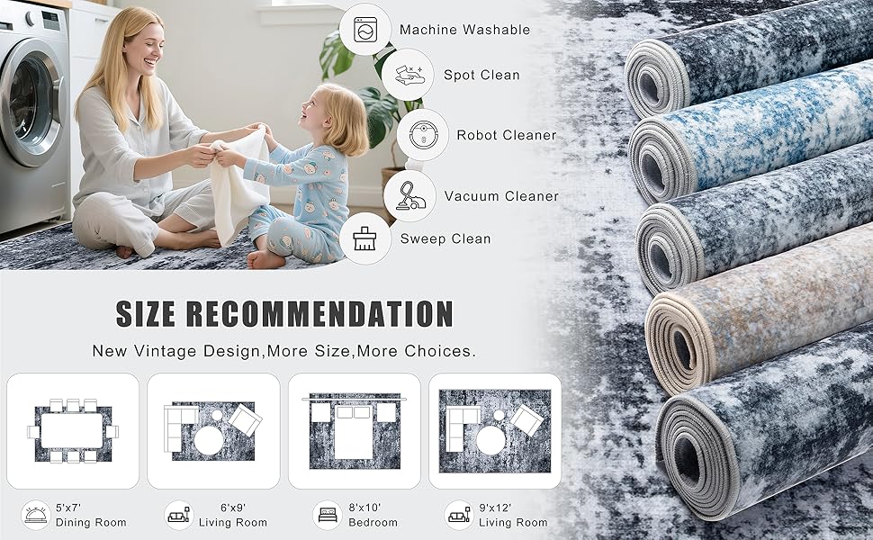 5x7 Area Rug Living Room Rug: Washable Modern Abstract Soft Thin Rug Indoor Floor No Slip Stain Resistant Carpet for Bedroom Dining Room Farmhouse Nursery Home Office - Black