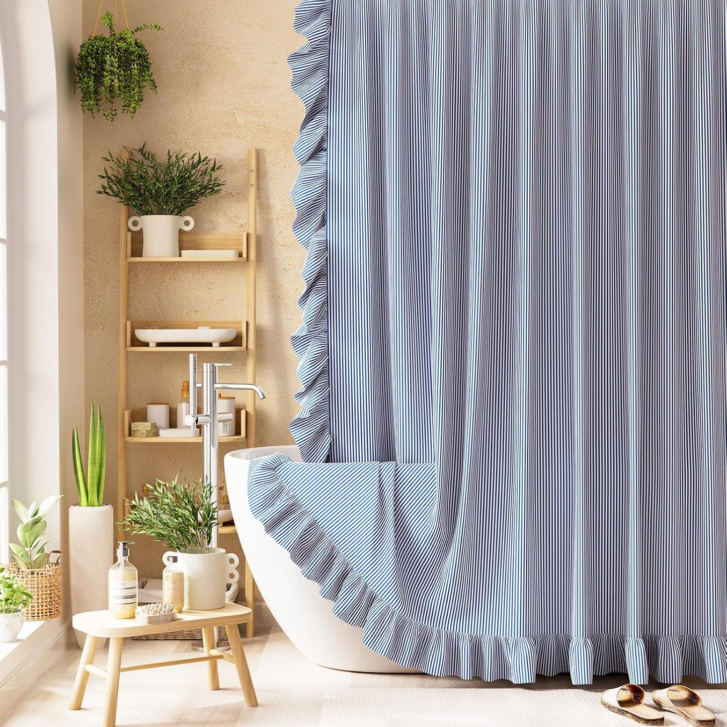 Ruffle Shower Curtain with Three-Side Ruffle, Solid White Farmhouse Curtains, Soft Flowy Layered Fabric, Elegant Spa Style, Clean Minimal Look, Water Repellent,12 Metal Hooks, 72" W x 72" L