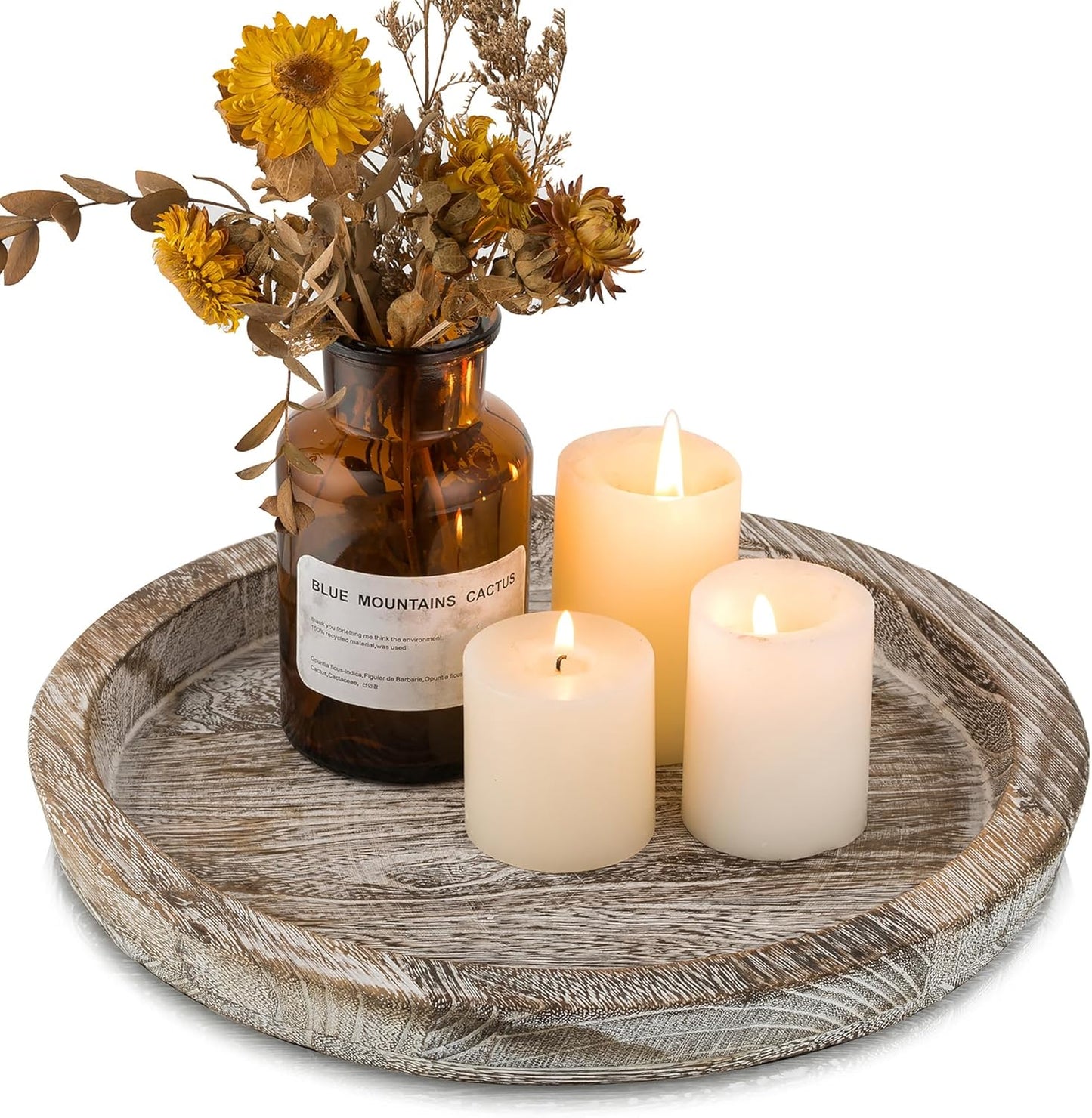 Candle Plate Holder Tray: Round Wood Decorative Candle Plate - Rustic Farmhouse CoffeeTable Decor - Tealight Pillar Trays for Home Decor (Distressed)