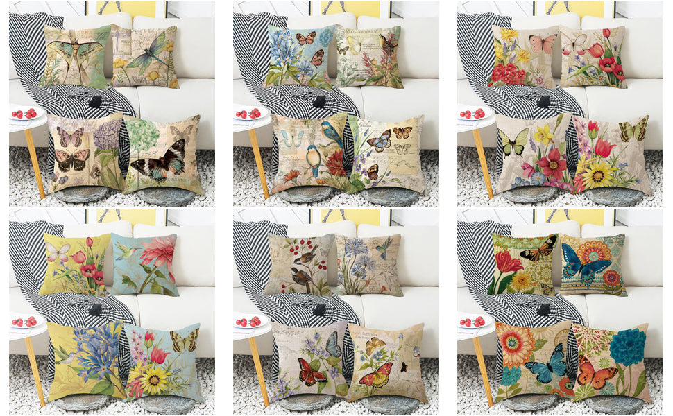 wyooxoo Throw Pillow Covers 18x18 Set of 4 Decorative Spring Pillow Covers Linen Flower Butterfly Farmhouse Pillowcases for Sofa Couch Living Room Outdoor