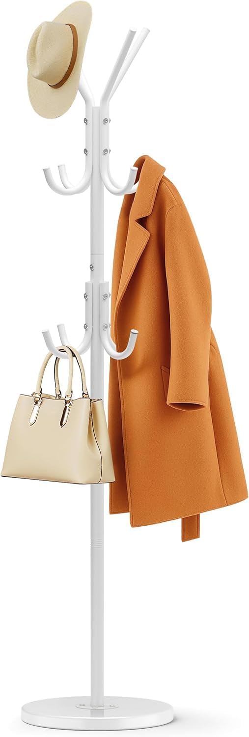 Heavy Duty Coat Rack Freestanding with Stable Wood Base Modern Coat Tree with 12 Hooks Adjustable Coats Hanger Stand Stylish Standing Clothes Tree for Entryway Bedroom Corner Hall