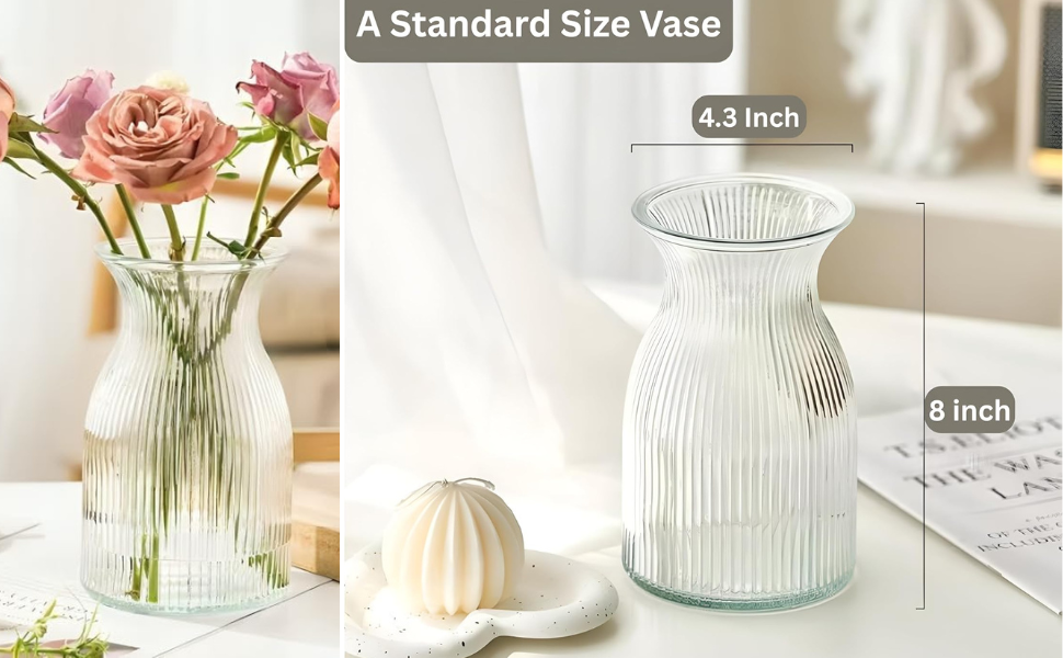 New 2026 Design Ribbed Glass Vase Wide - 8 Inch Tall Ribbed Vase for Wedding Reception, Home Decor, Housewarming Gift (Clear) Decorative Flower Vases - Bud Vase for Centerpieces Cylinder Vases