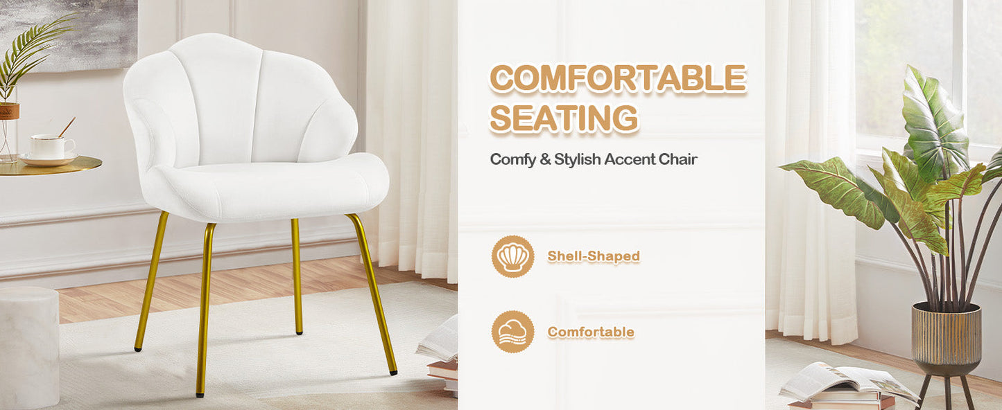 Vanity Chair, Velvet Accent Chair with Shell-Shaped Backrest, Modern Armchair with Gold Metal Legs for Dressing Room/Bedroom/Living Room, White