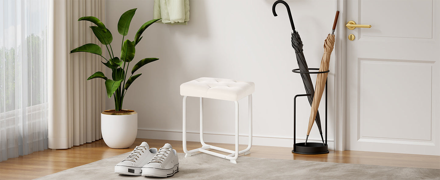 White Vanity Chair, Leather Vanity Stool, Small Stool Chair for Vanity, Square Ottoman Foot Stool, Makeup Vanity Chairs with Thick Padded Seat for Bathroom, Bedroom, Entryway, KFD01W