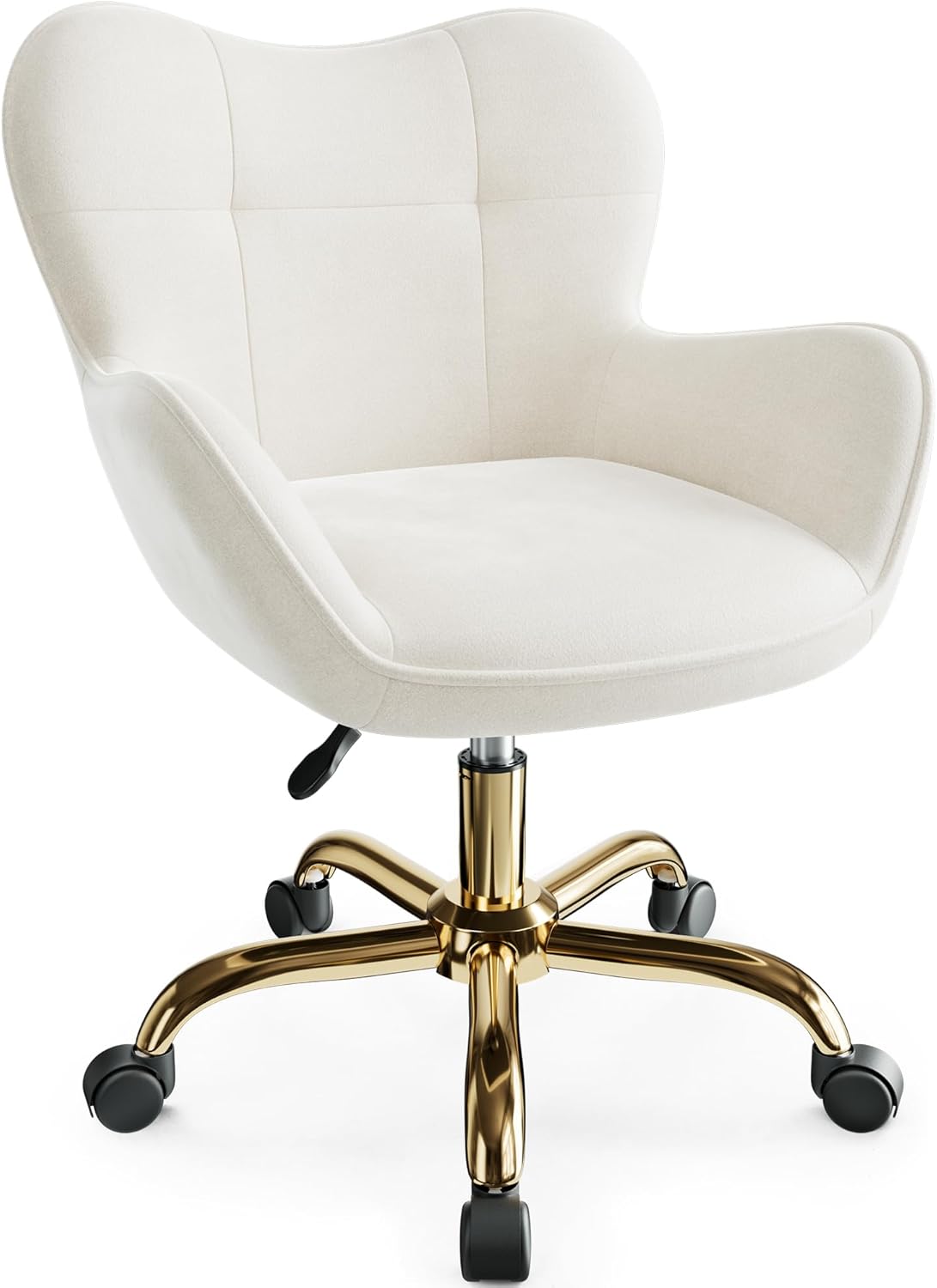 Vanity Chair with Wheels, Cute Home Office Desk Chairs Adjustable Height for Living Bedroom, Small Modern Fluffy Velvet Makeup Chair with Back for Girls (White)