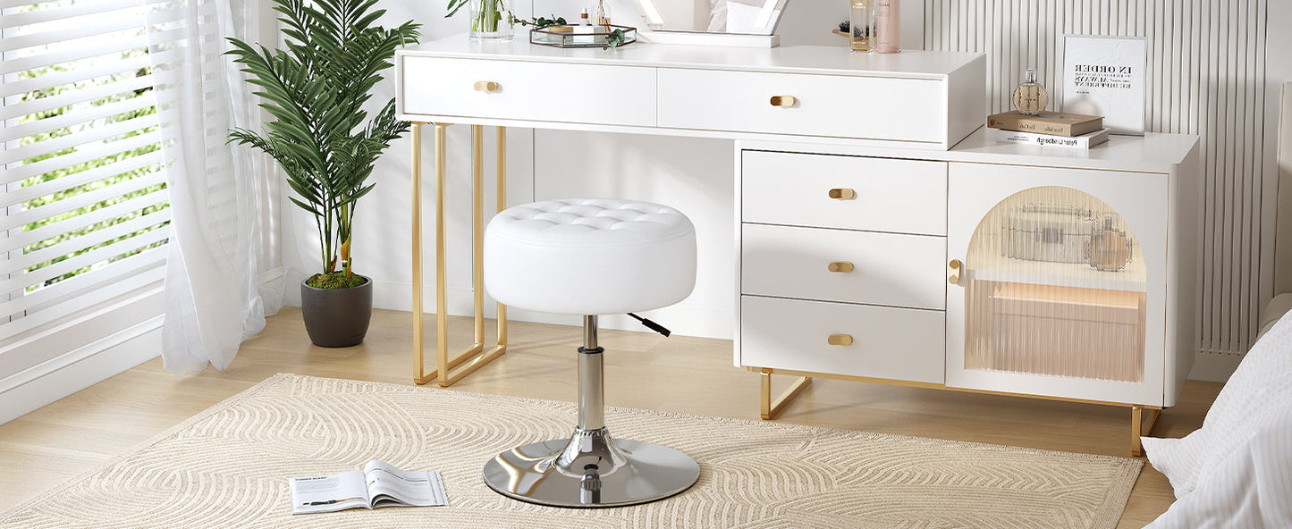 Mid-Century Tufted Adjustable Swivel Makeup Ottoman Stool; Modern Big Size Round Vanity Stool Chair for Bedroom Living Room (White)