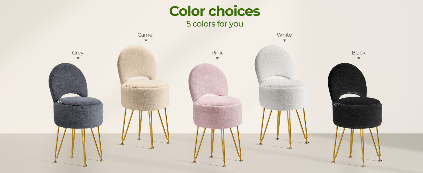 Small Vanity Stool Chair with Storage and Folding Back, 13" x 13" x 17.7" Faux Fur Soft Ottoman for Teenager, 4 Metal Legs with Anti-Slip Feet, Furry Padded Seat for Makeup, Bedroom, White