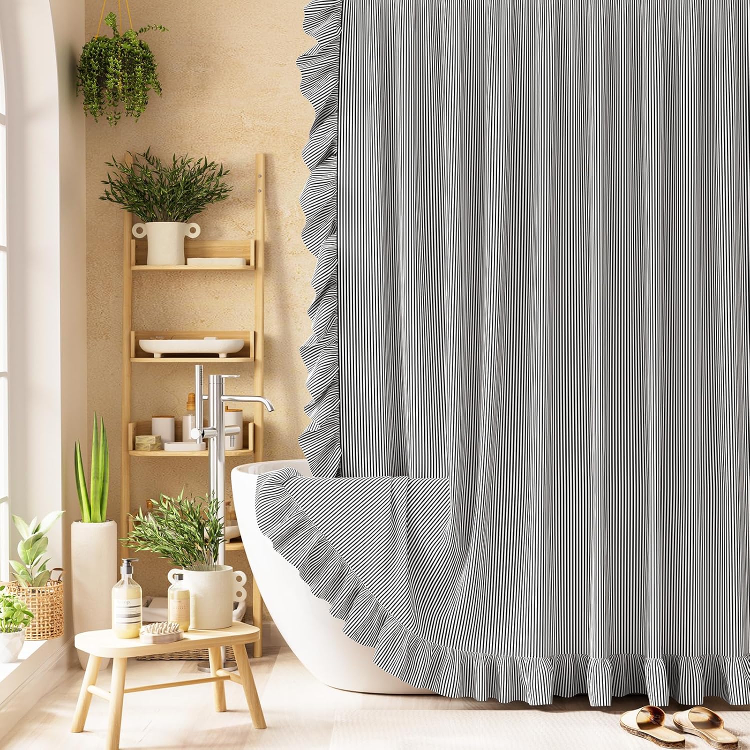Ruffle Shower Curtain with Three-Side Ruffle, Solid White Farmhouse Curtains, Soft Flowy Layered Fabric, Elegant Spa Style, Clean Minimal Look, Water Repellent,12 Metal Hooks, 72" W x 72" L