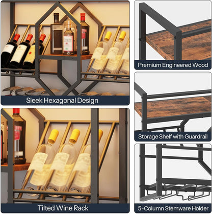 HOOBRO Wall Mounted Wine Rack with LED Light, 31.5" Wine Shelf, 3 Tier Wine Bottle Display Shelf with Glass Holder, Hanging Bar Liquor Storage Rack, for Kitchen, Bar, Rustic Brown and Black BF73DBJ01