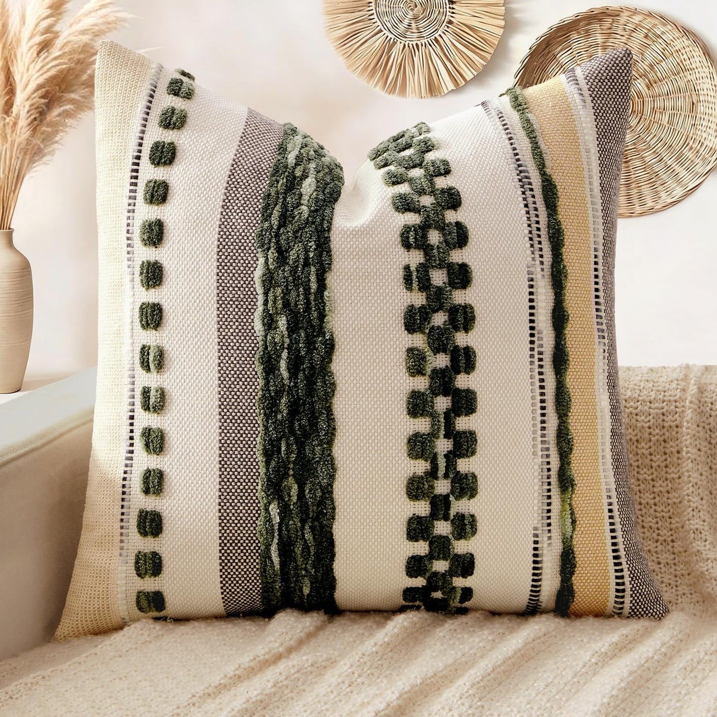 ANRODUO Pack of 2 Boho Decorative Throw Pillow Covers 18x18 Farmhouse Cushion Case Striped Chenille Pillow Cases Square Pillow Covers Accent Neutral Pillowcase for Sofa Couch Bed, Olive Green Stripe