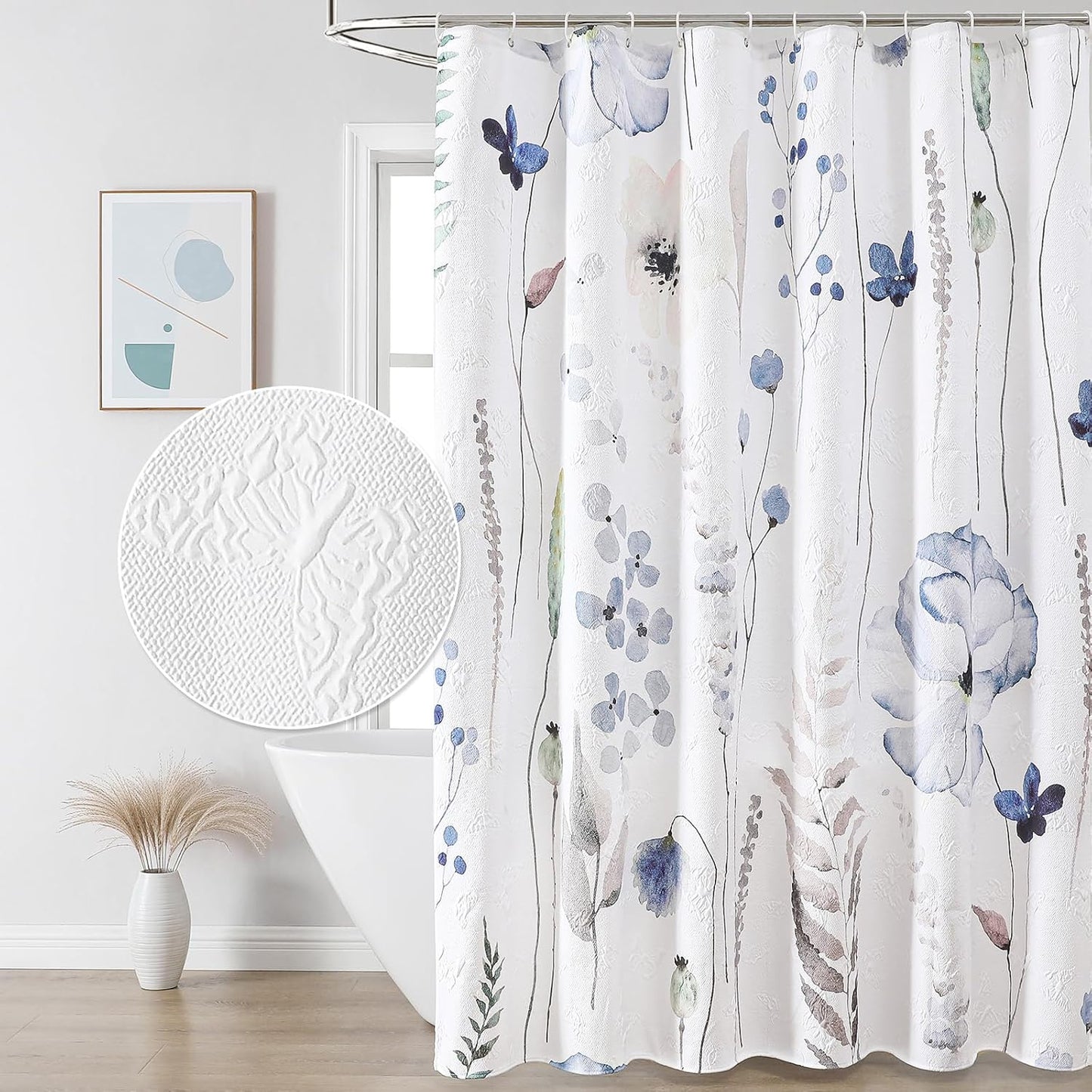 Watercolor Floral Shower Curtain, 3D Embossed Butterflies Grey Beige Flower Bathroom Curtains, Minimalist White Cloth Bath Curtain, Waterproof Fabric Textured Shower Curtain Set with Hooks, 72x72