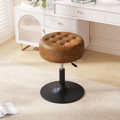 Mid-Century Tufted Adjustable Swivel Makeup Ottoman Stool; Modern Big Size Round Vanity Stool Chair for Bedroom Living Room (White)