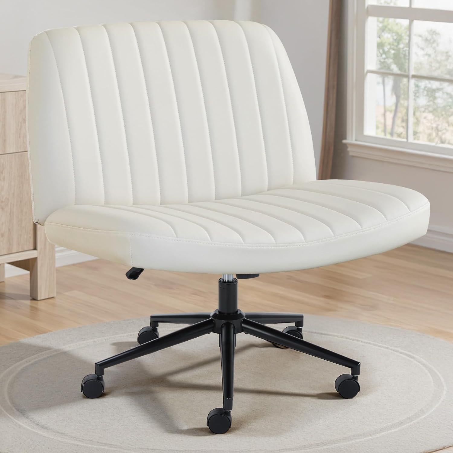 Criss Cross Chair with Wheels Wide Cross Legged Office Desk Vanity Chair Comfy Fabric Armless Adjustable Swivel for Home Computer Task Teddy Pink