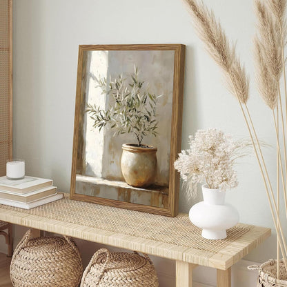 Framed Olive Tree Canvas Wall Art, Neutral Botanical Pictures Wall Decor, Rustic Potted Plant Paintings Prints, Organic Modern Farmhouse Artwork for Living Room Bedroom 8x10 Inch