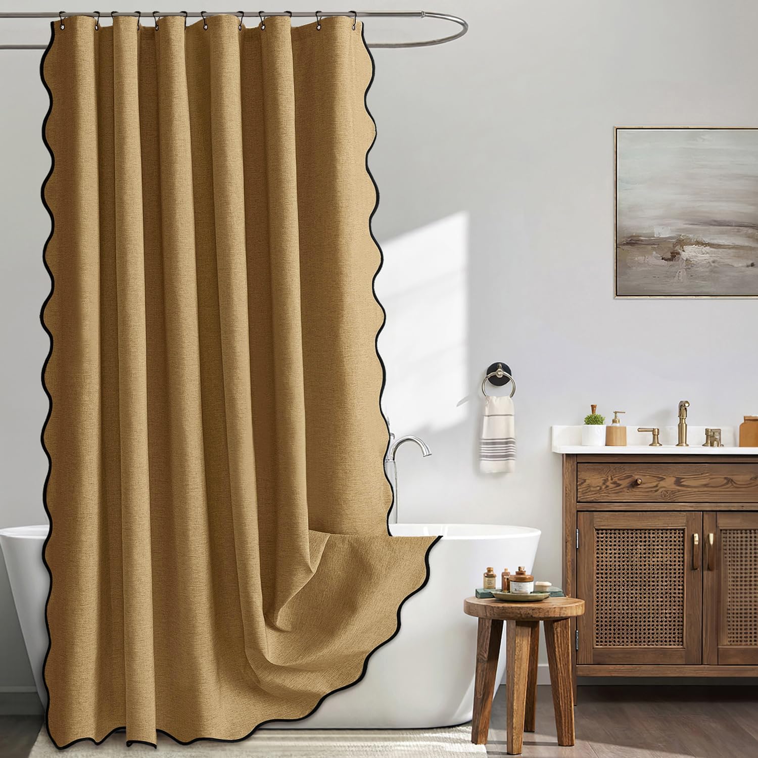 Beige Scalloped Shower Curtain Linen Textured with 12 Metal Hooks Cute Heavy Duty Washable Waterproof Neutral Thick Cloth Shower Curtains with Black Border for Bathroom Bathtub,W72*L72 Cream