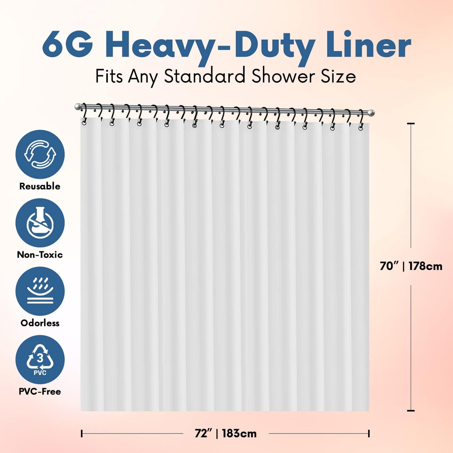 No Smell Shower Curtain Liner 72x72 White - PEVA Plastic Shower Curtain for Bathroom, PVC-Free Waterproof Shower Liner with Metal Grommets and Magnet-Weighted Bottom Hem - Washable Inner Liner
