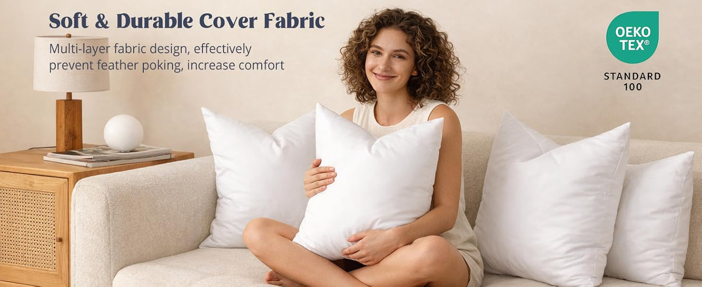 puredown® Feather Down Throw Pillow Inserts 22 x 22 (Pack of 2, White), Big Throw Pillows for Floor, Couch, Bed, Machine Washable