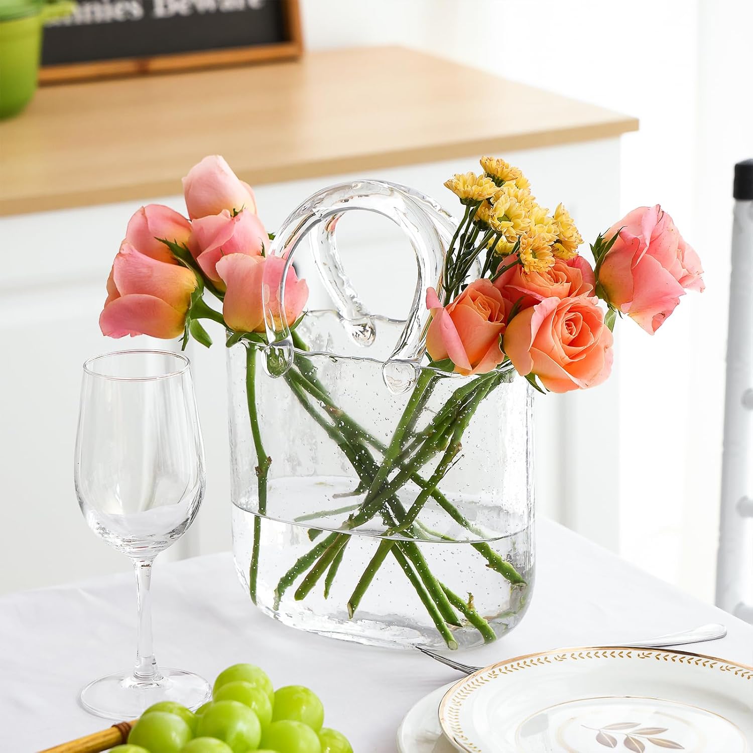 Glass Purse Vase for Flowers, Clear Bag Vases with Handle, Unique Cute Handbag Shape Decorative Flower Vases with Fish Bowl for Centerpieces Home Table Shelf Decor Birthday