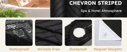 No Hook Shower Curtain and Liner Set, Black Snap in Shower Curtain Ringless Chevron Tufted Cloth Waterproof Washable Fabric Bath Curtain with See Through Top Window for Bathroom Hotel 71" x 74"