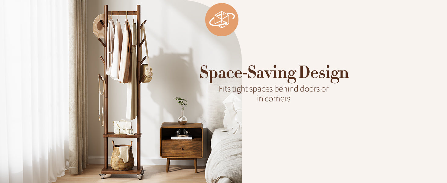 Solid Wood Coat Rack Freestanding - Rolling Clothes Rack with 8 Hooks & Shelves, Small Clothing Rack with Wheels, Heavy Duty Clothing Racks for Hanging Clothes, Portable Hall Tree for Entryway