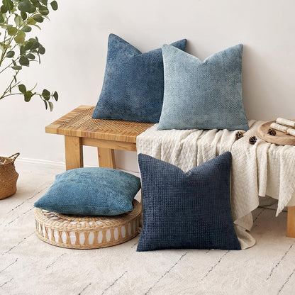 Pack of 4 Couch Throw Pillow Covers 18x18 Inch Neutral Blue Soft Decorative Chenille Pillow Covers Farmhouse Accent Cushion Covers for Boho Western Spring Coastal Decor Sofa Bed Living Room