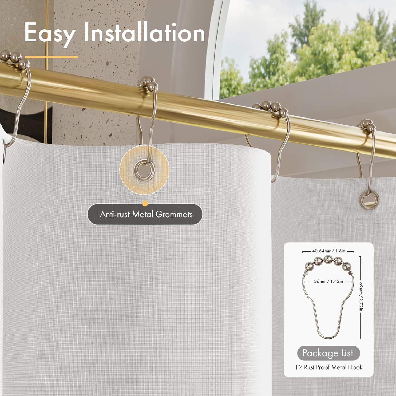 Ruffle Shower Curtain with Three-Side Ruffle, Solid White Farmhouse Curtains, Soft Flowy Layered Fabric, Elegant Spa Style, Clean Minimal Look, Water Repellent,12 Metal Hooks, 72" W x 72" L
