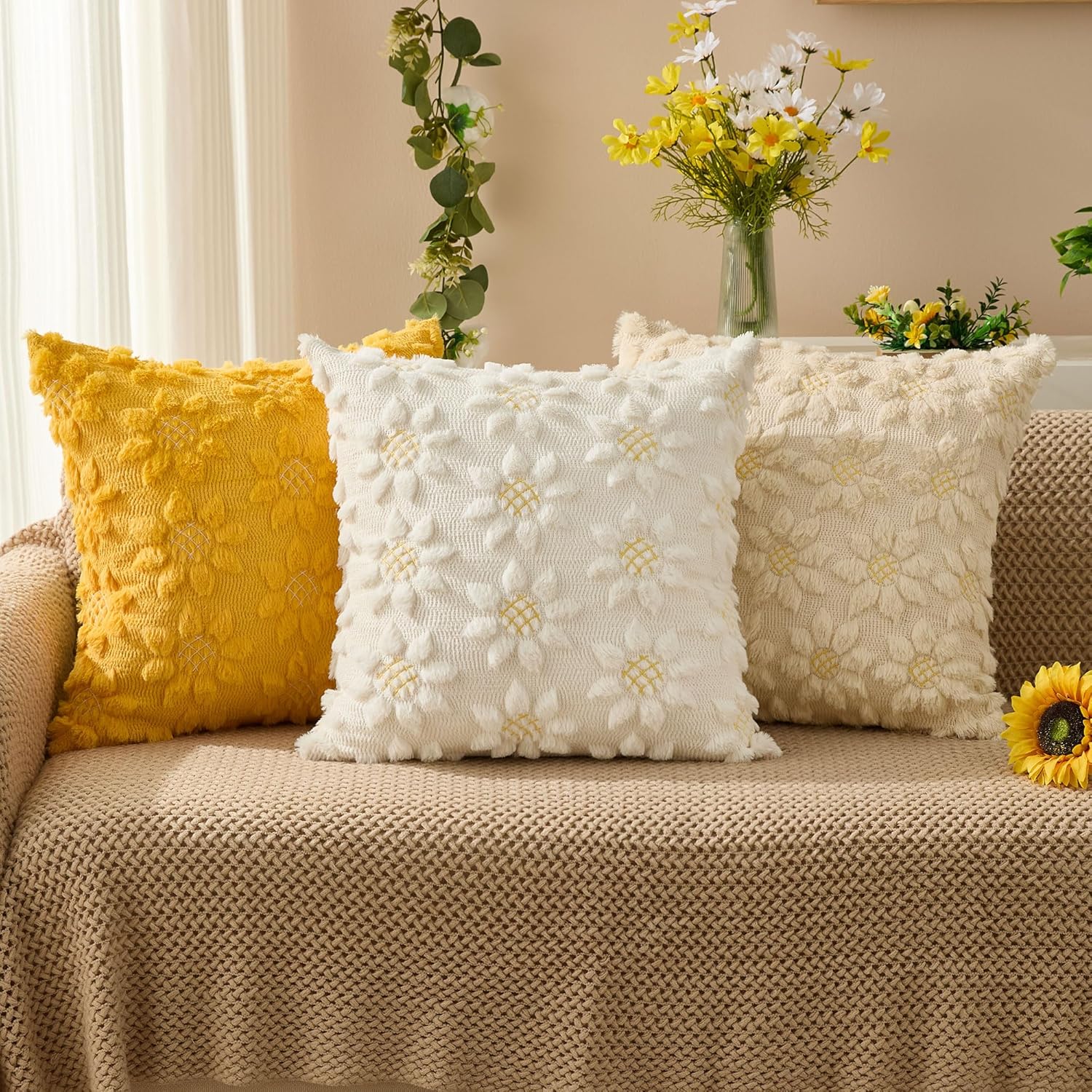 DFXSZ Spring Summer Pillow Covers 18x18 inch Set of 2 Farmhouse Decor Yellow Color Flower Heart Sunflower Soft Plush Faux Fur Jacquard Throw Pillows for Sofa Holiday Spring Home Decor PTK024C18