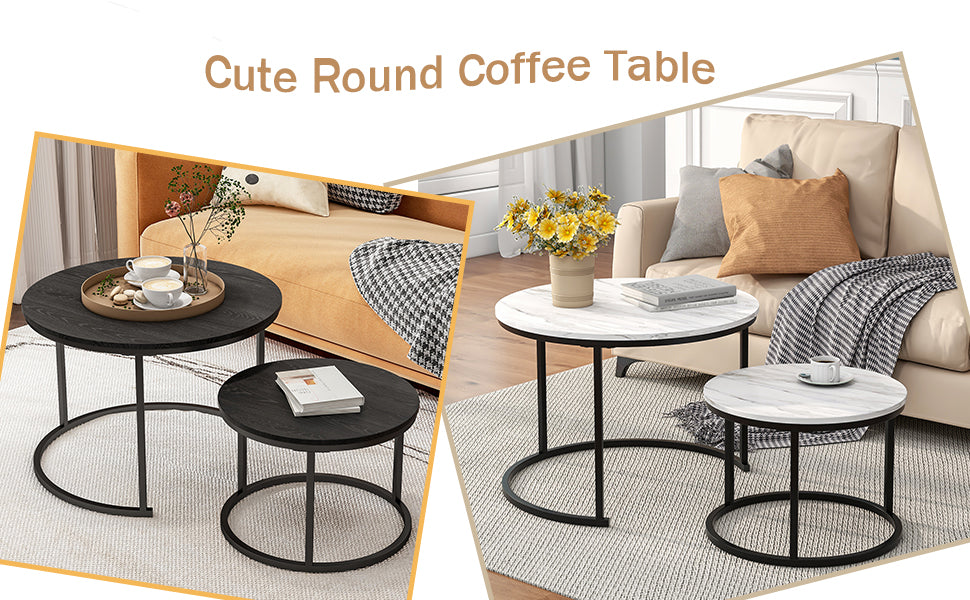 HOJINLINERO Round Coffee Table,Nesting Coffee Table Set of 2,Center Tables for Living Room,Office, Home Small Space,Stacking Side Tables,Sturdy and Easy Assembly,Wood Desktop,Brown,Large