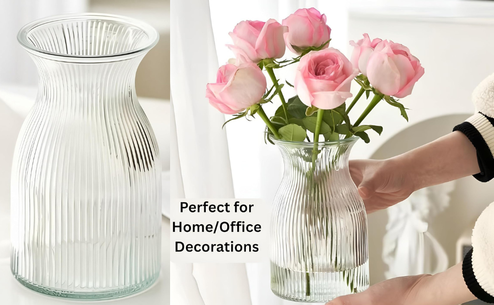 New 2026 Design Ribbed Glass Vase Wide - 8 Inch Tall Ribbed Vase for Wedding Reception, Home Decor, Housewarming Gift (Clear) Decorative Flower Vases - Bud Vase for Centerpieces Cylinder Vases