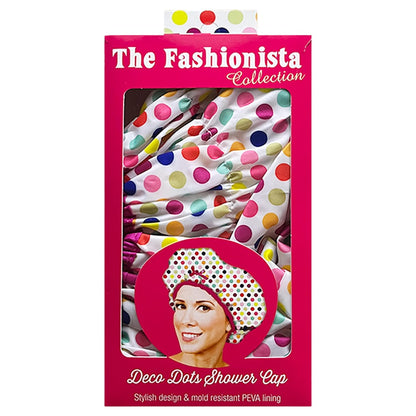 Reusable Bath & Shower Cap Lined, Oversized Waterproof Shower Caps Large Designed for all Hair Lengths with PEVA Lining & Elastic Band Stretch Hem Hair Hat - Fashionista Deco Dots