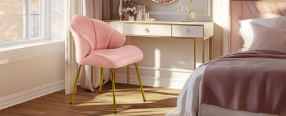Vanity Chair, Velvet Accent Chair with Shell-Shaped Backrest, Modern Armchair with Gold Metal Legs for Dressing Room/Bedroom/Living Room, White