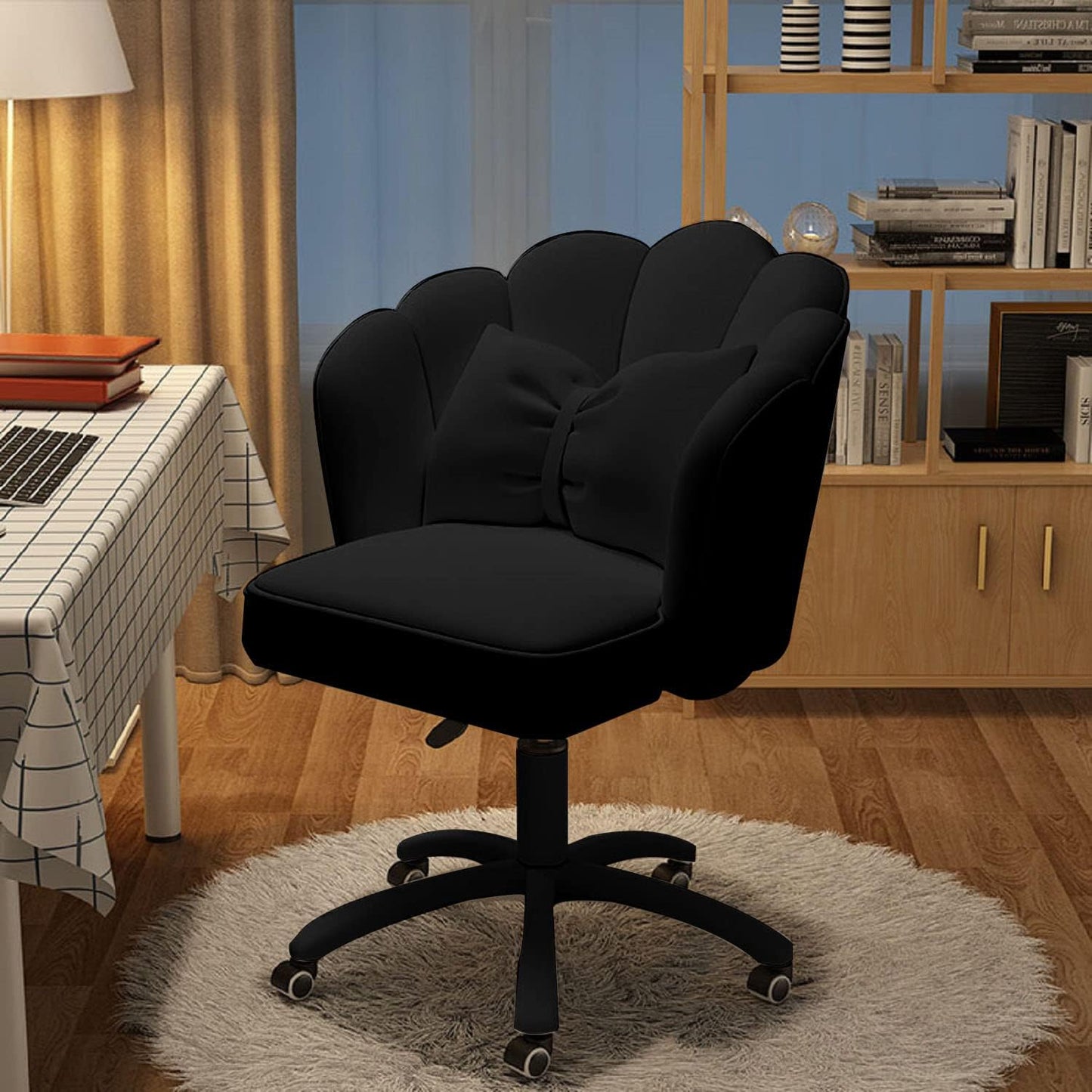 Chair with Bow Cushion Velvet Vanity Chair with Wheels, Upholstered Home Office Chair for Girls Women, Mid-Back Swivel Computer Task Chairs for Living Room Bedroom