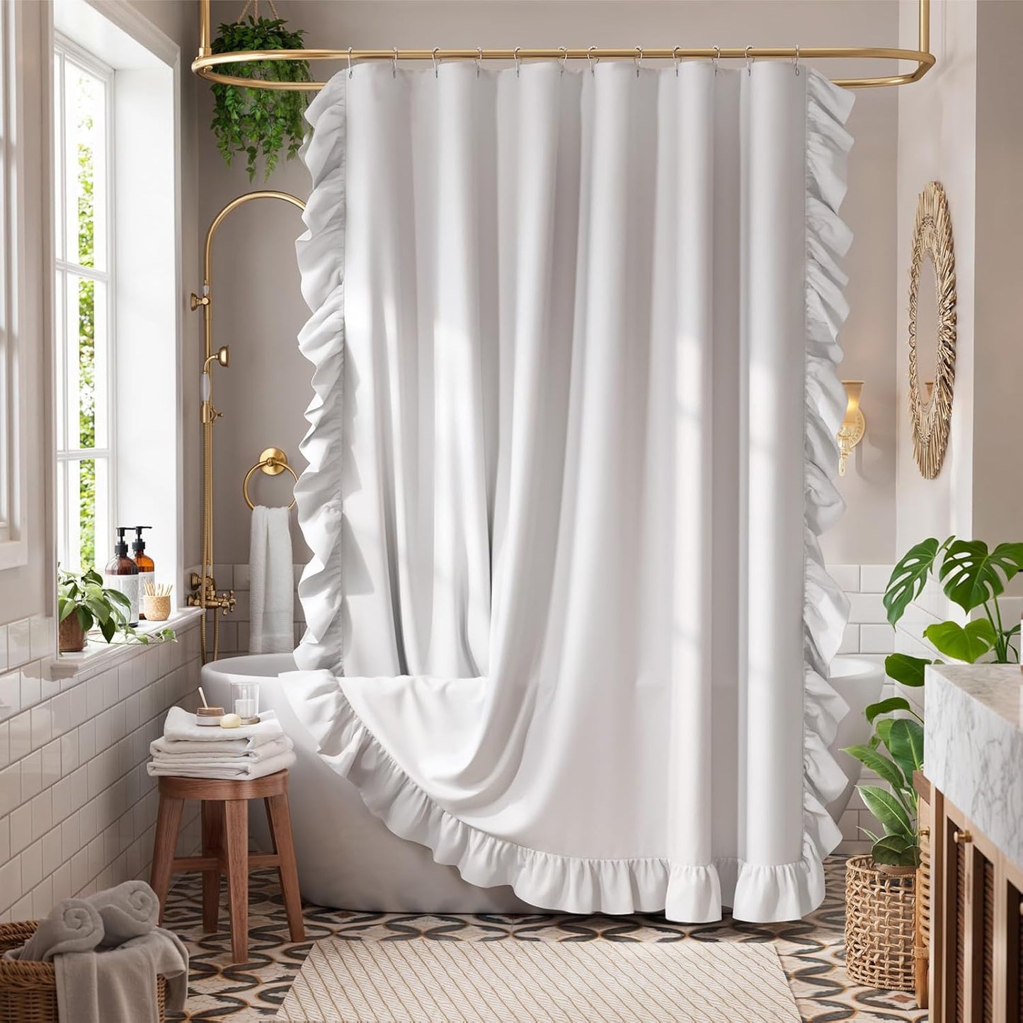 Ruffle Shower Curtain with Three-Side Ruffle, Solid White Farmhouse Curtains, Soft Flowy Layered Fabric, Elegant Spa Style, Clean Minimal Look, Water Repellent,12 Metal Hooks, 72" W x 72" L
