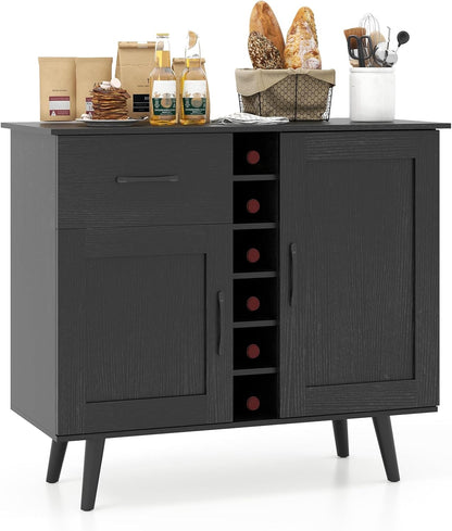 Giantex Bar Cabinet, Buffet Sideboard for 6 Wine Bottles, Wood Pantry Cupboard with Storage Drawer, 2 Door Cabinets, Anti-Toppling Devices, Credenza Organizer for Living Room Kitchen (Oak)
