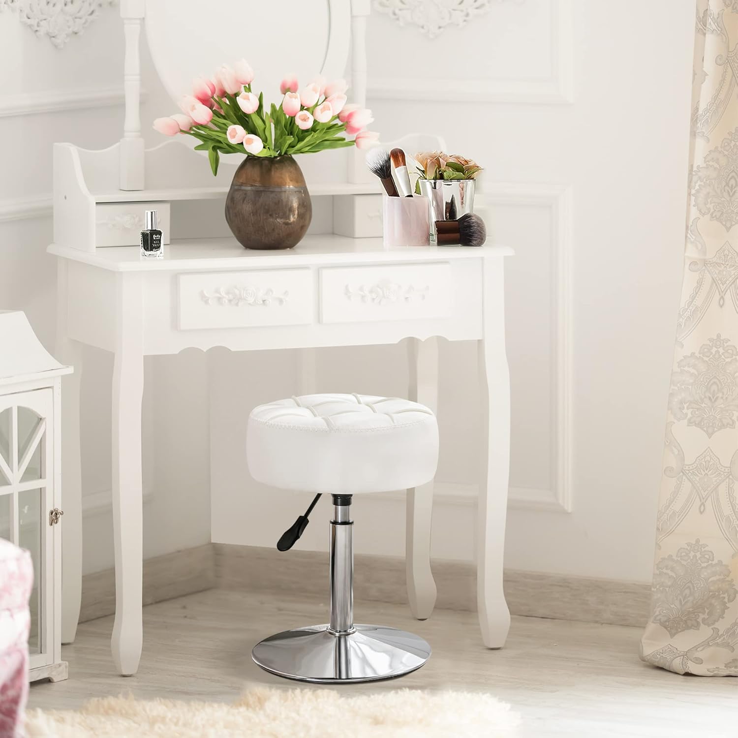 Adjustable Vanity Stool, 360 Swivel Chair for Makeup Room, White Faux Leather Stool for Bathroom & Living Room