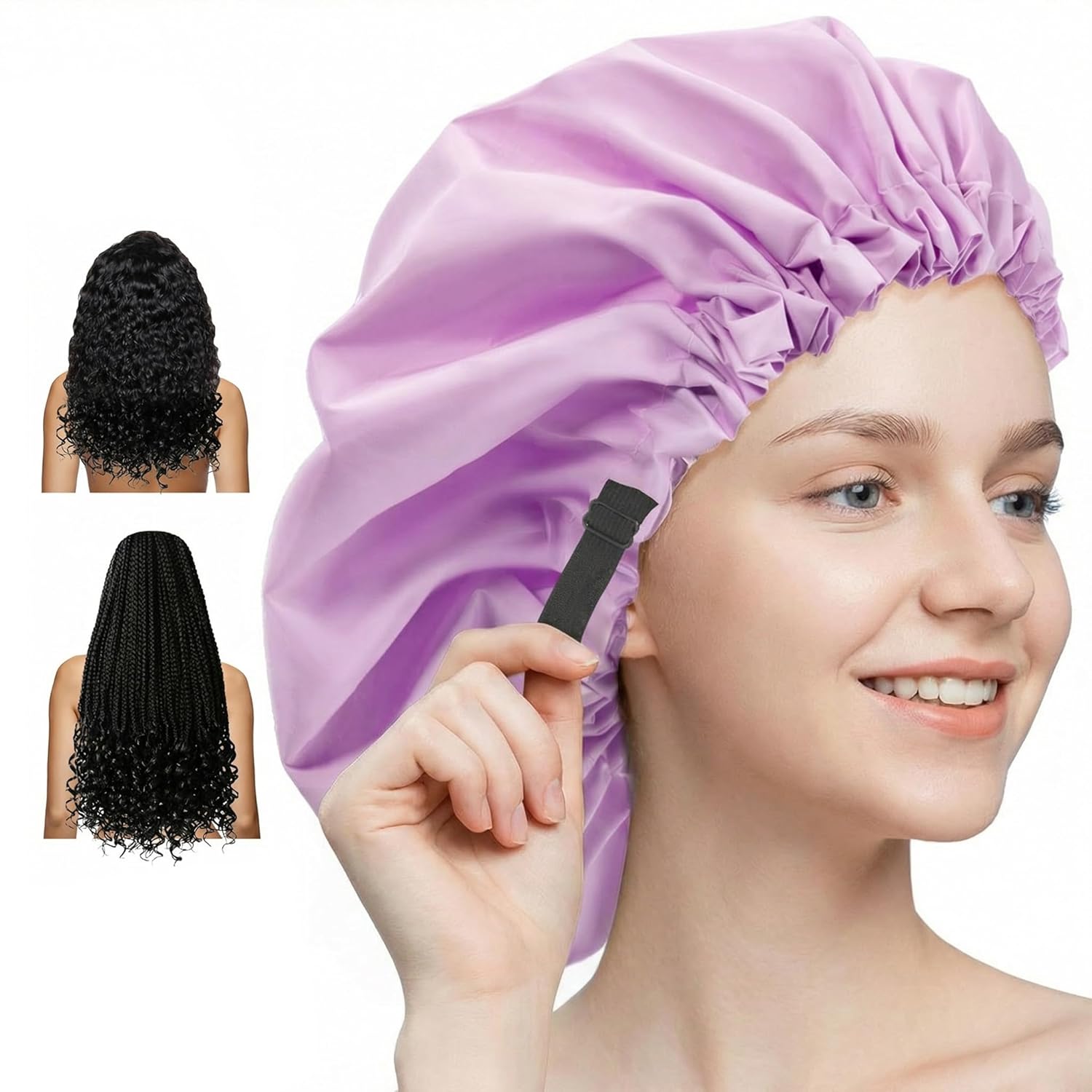 Shower Cap,Extra Adjustable Shower Caps for Women Double-Layer Waterproof Reusable Hair Cap, Large Size Hair Cap for All Hair,for Girls Spa Bath,Soft and Comfortable (Purple)