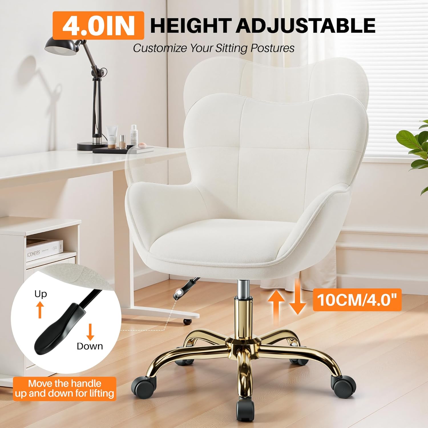 Vanity Chair with Wheels, Cute Home Office Desk Chairs Adjustable Height for Living Bedroom, Small Modern Fluffy Velvet Makeup Chair with Back for Girls (White)