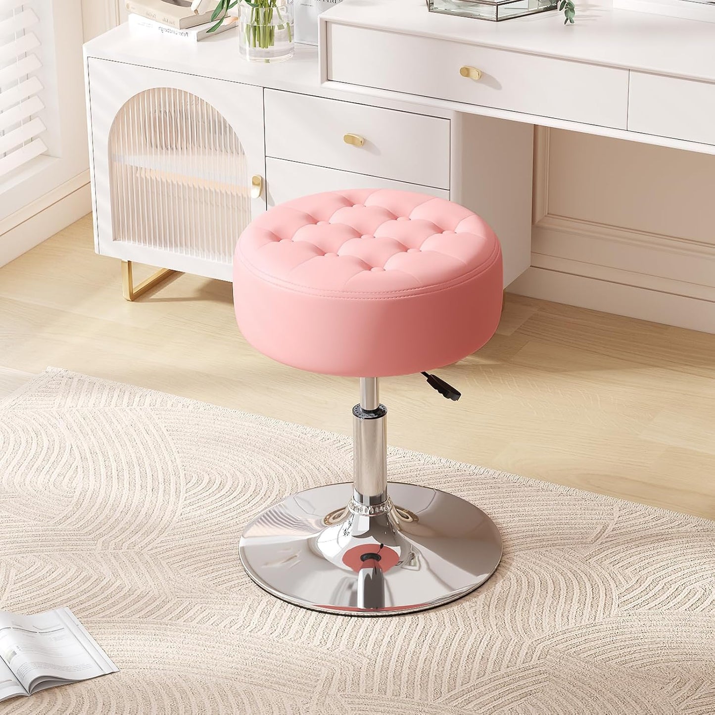 Mid-Century Tufted Adjustable Swivel Makeup Ottoman Stool; Modern Big Size Round Vanity Stool Chair for Bedroom Living Room (White)