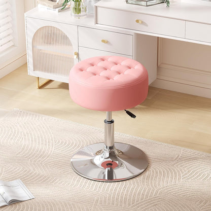Mid-Century Tufted Adjustable Swivel Makeup Ottoman Stool; Modern Big Size Round Vanity Stool Chair for Bedroom Living Room (White)