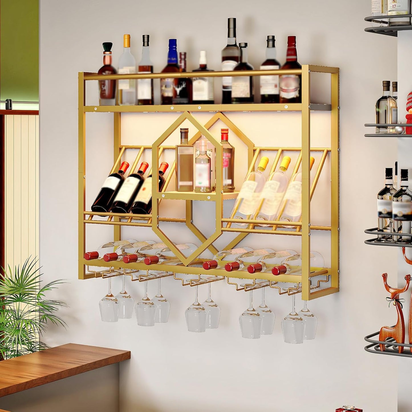 HOOBRO Wall Mounted Wine Rack with LED Light, 31.5" Wine Shelf, 3 Tier Wine Bottle Display Shelf with Glass Holder, Hanging Bar Liquor Storage Rack, for Kitchen, Bar, Rustic Brown and Black BF73DBJ01