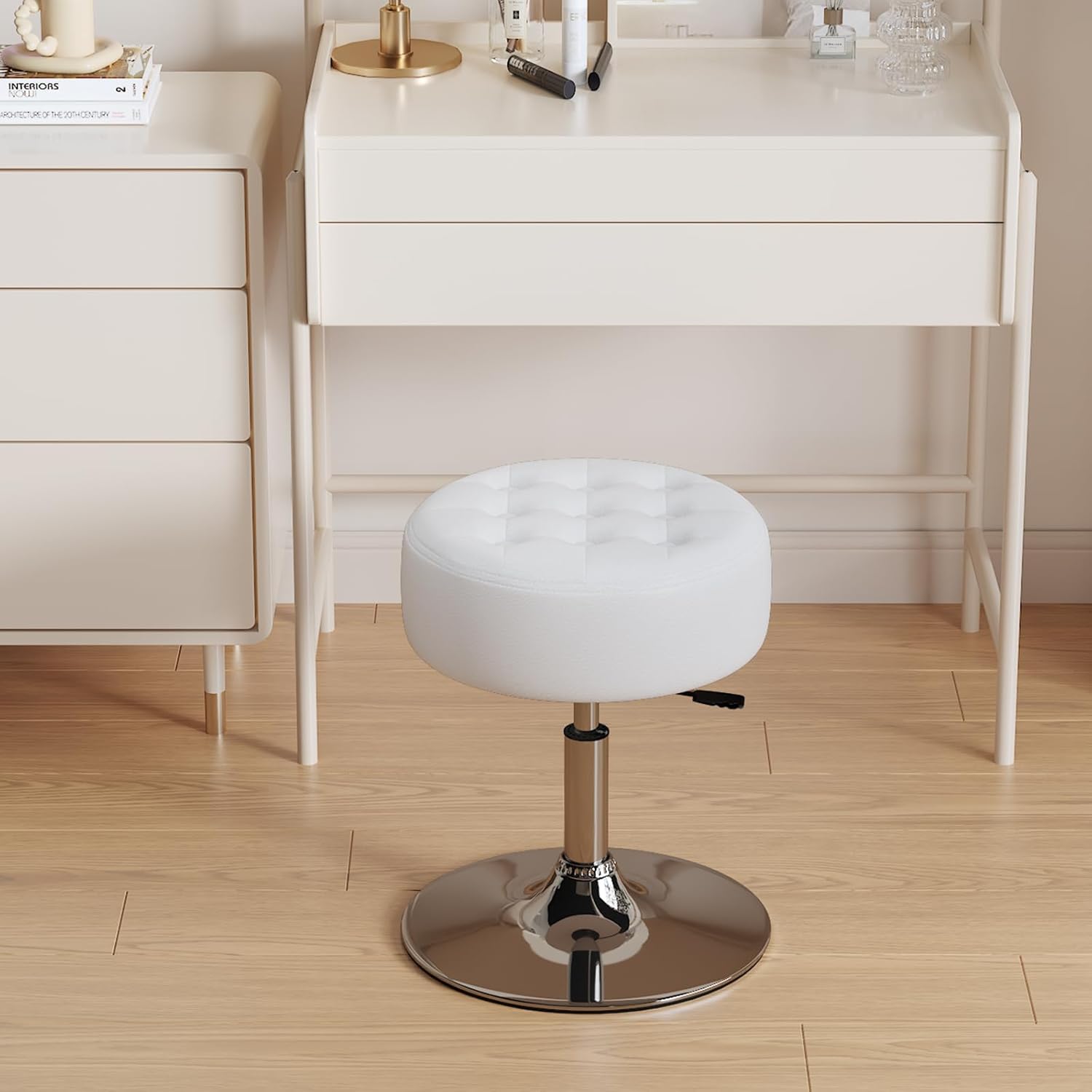 Mid-Century Tufted Adjustable Swivel Makeup Ottoman Stool; Modern Big Size Round Vanity Stool Chair for Bedroom Living Room (White)