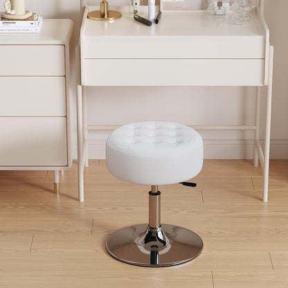 Mid-Century Tufted Adjustable Swivel Makeup Ottoman Stool; Modern Big Size Round Vanity Stool Chair for Bedroom Living Room (White)