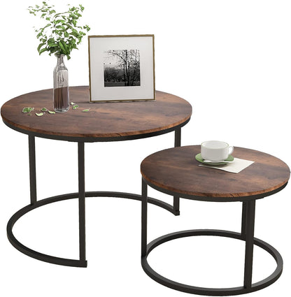 HOJINLINERO Round Coffee Table,Nesting Coffee Table Set of 2,Center Tables for Living Room,Office, Home Small Space,Stacking Side Tables,Sturdy and Easy Assembly,Wood Desktop,Brown,Large