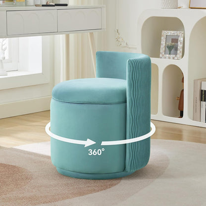 Velvet Vanity Chair with Storage, 360° Swivel Makeup Chair with Wave Back, No Assembly Small Accent Stool for Bedroom, Dressing, Living Room, White
