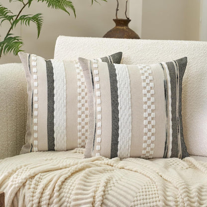 Aeckself Boho Throw Pillow Covers 18x18 Inch Set of 2, Farmhouse Decorative Striped Square Pillow Covers Chenille Tufted Pillow Cases Accent Neutral Pillowcase for Living Room Couch Bed, Orange White