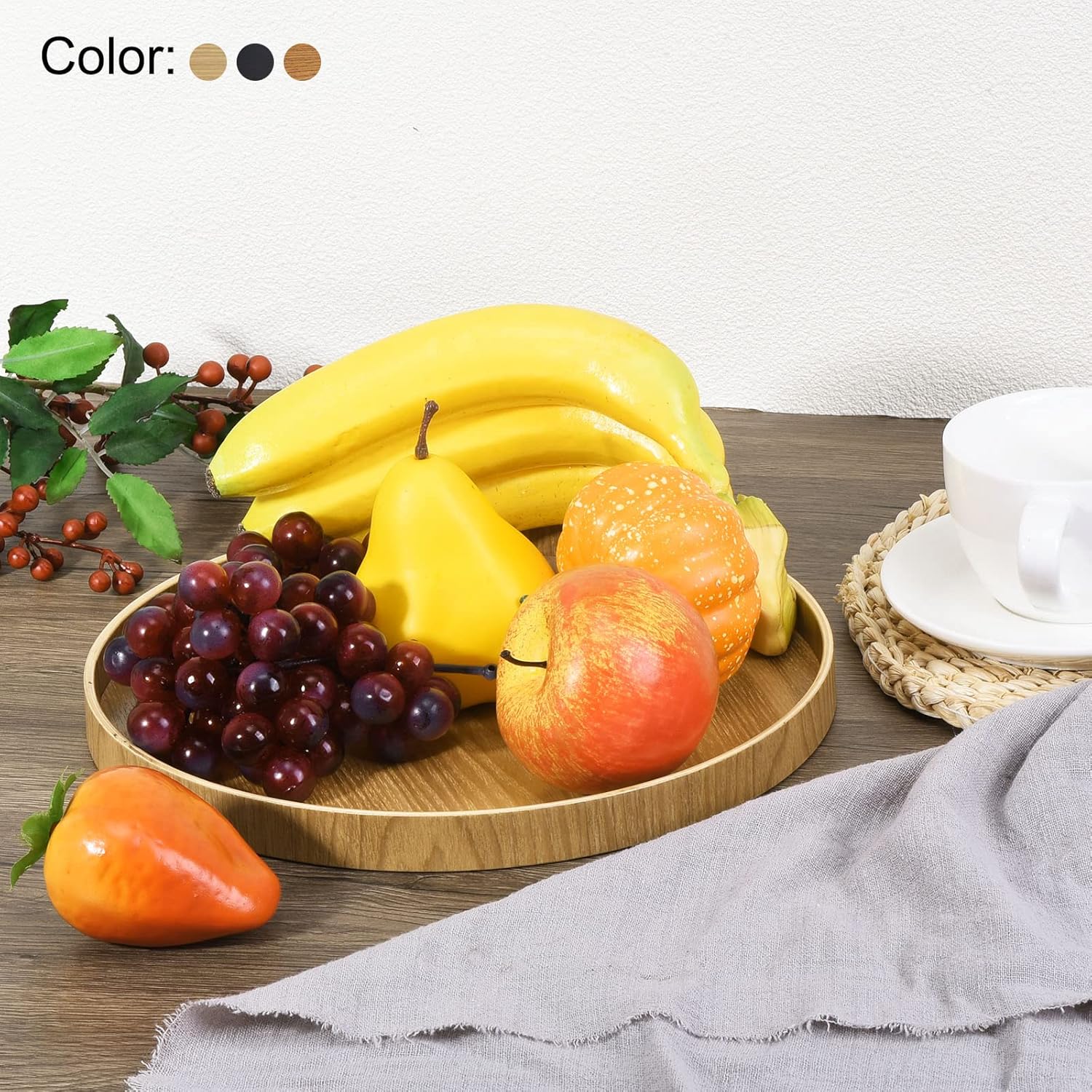 Wood Serving Tray 8 Inch, Round Decorative Platter for Home Decor Kitchen Table Candle Holder, Black